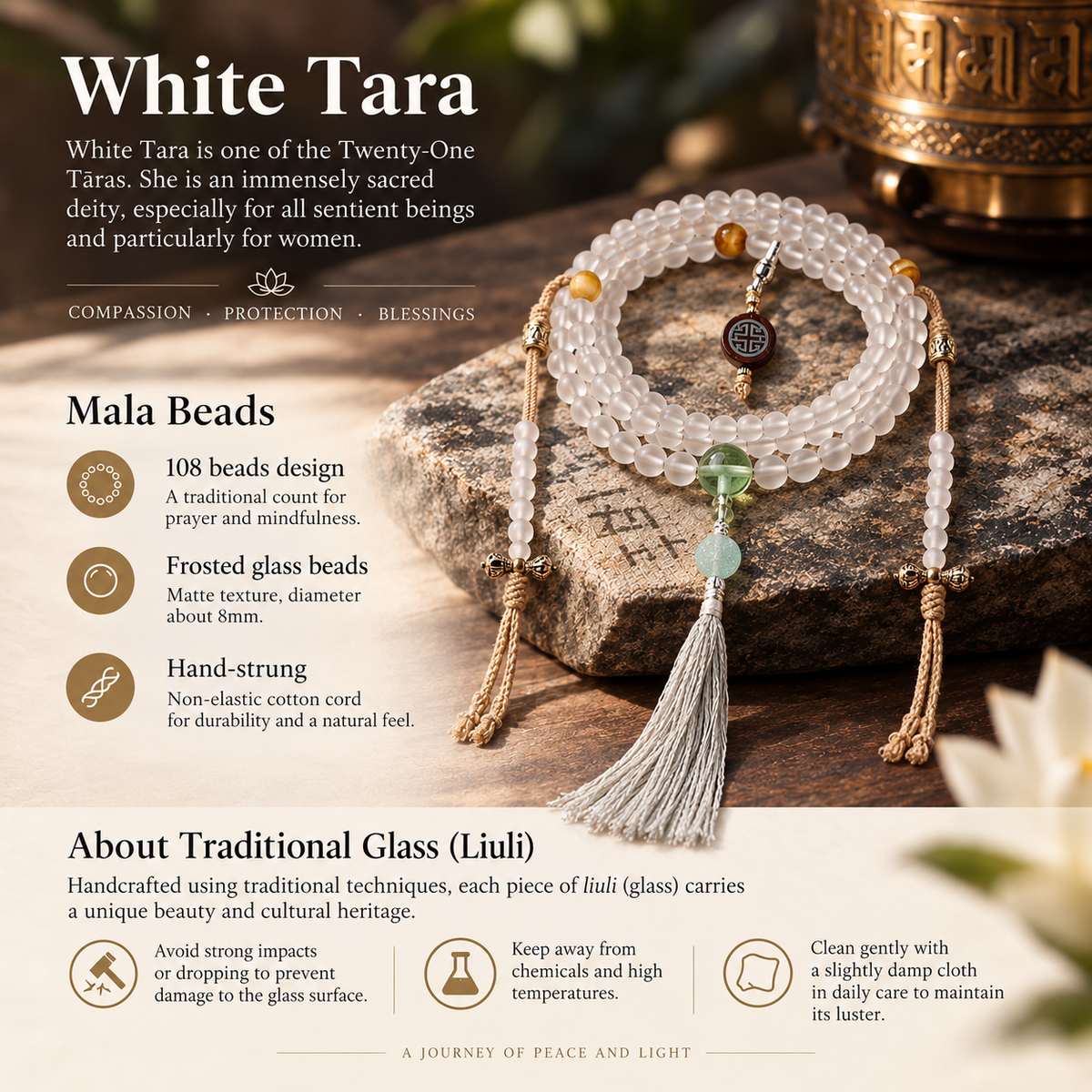 Handmade white glass bead necklace with 108 beads, suitable for meditation and spiritual practice. Women's bracelet featuring White Tara.