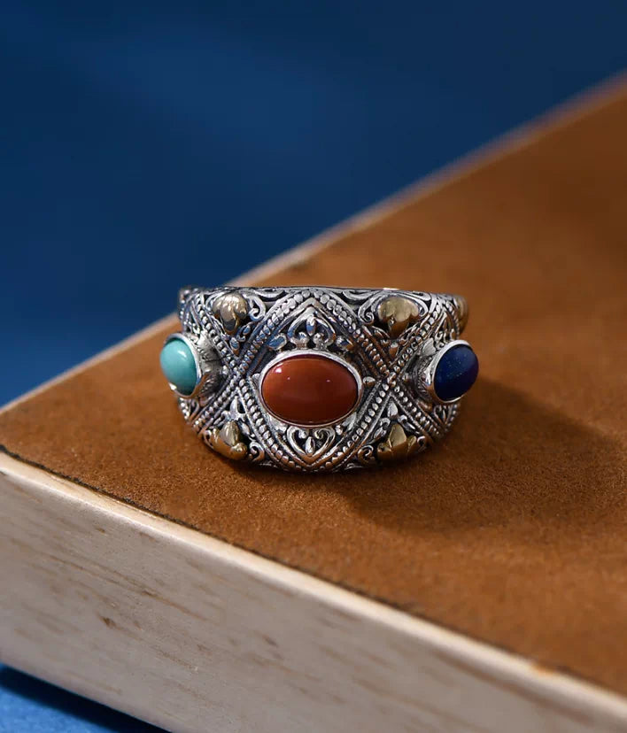 Abundant Amulet Gem Adjustable Ring – Mixed Metal Silver Ring with Carnelian, Turquoise, and Lapis Lazuli