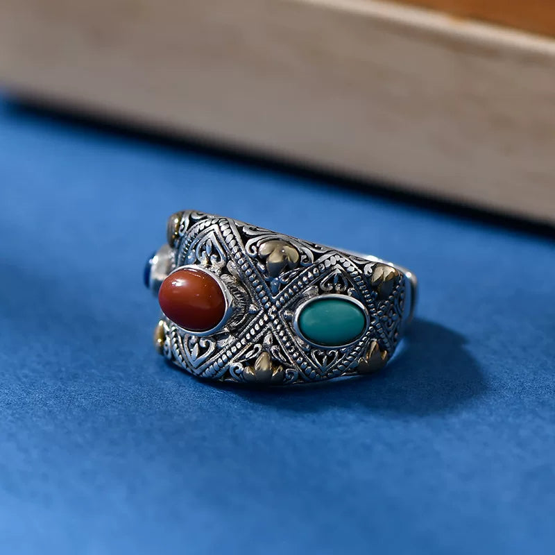 Abundant Amulet Gem Adjustable Ring – Mixed Metal Silver Ring with Carnelian, Turquoise, and Lapis Lazuli
