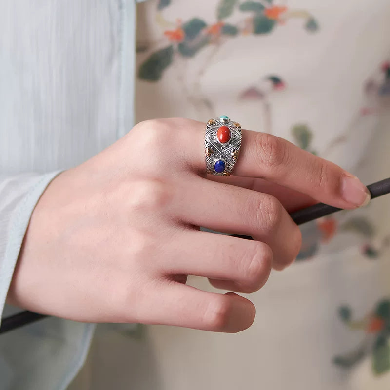 Abundant Amulet Gem Adjustable Ring – Mixed Metal Silver Ring with Carnelian, Turquoise, and Lapis Lazuli