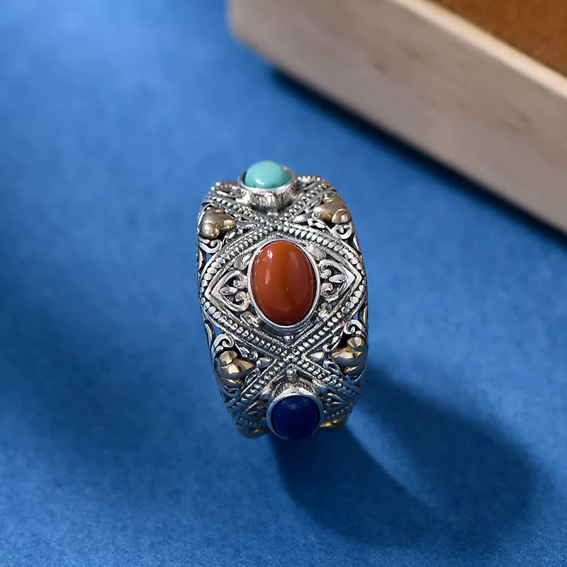 Abundant Amulet Gem Adjustable Ring – Mixed Metal Silver Ring with Carnelian, Turquoise, and Lapis Lazuli